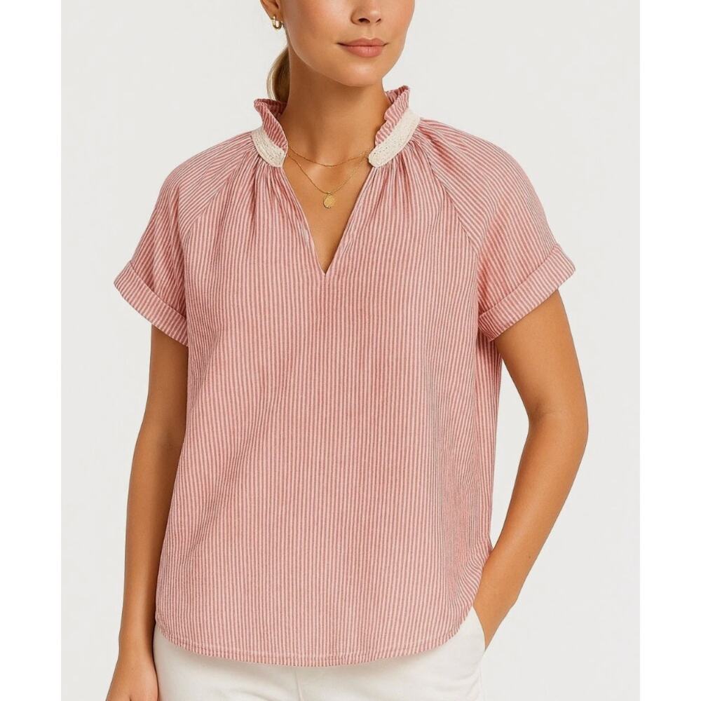 A Shirt Thing Margot Searsucker Blouse in Red Stripe Coastal Summer Size Small